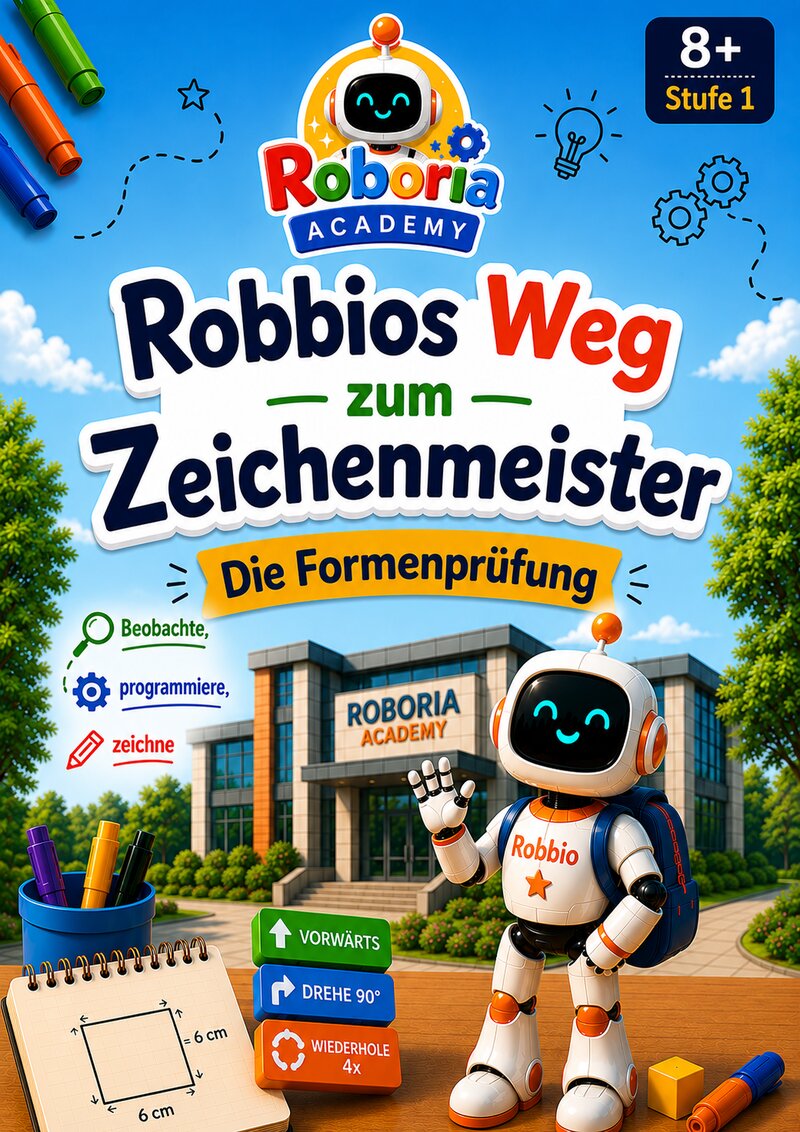 Cover des Übungshefts „Robbios Weg zum Zeichenmeister – Die Formenprüfung“