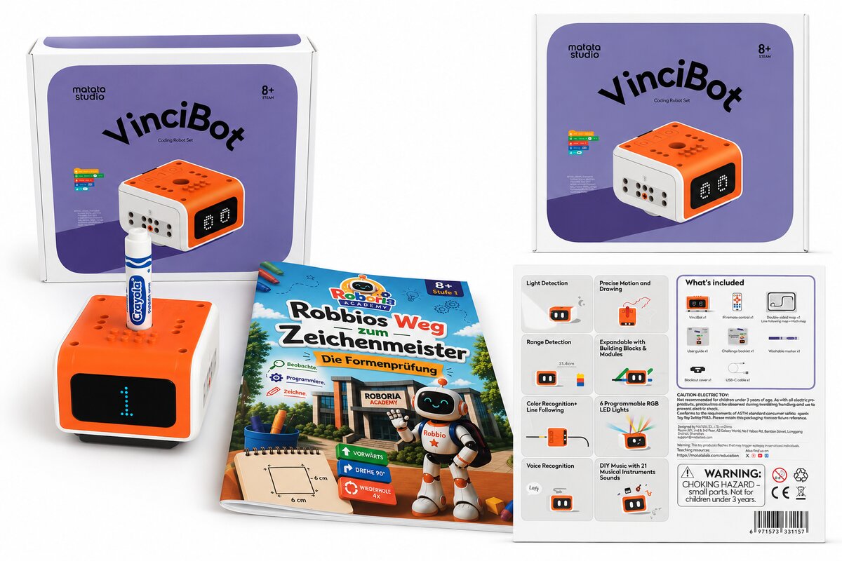 VinciBot Coding-Roboter mit Verpackung und dem Gratis-Übungsheft Robbios Weg zum Zeichenmeister
